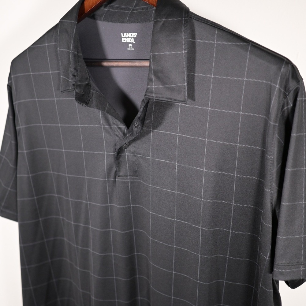 Lands' End Mens XL Black Windowpane Check Short Sleeve Performance Polo‎ Shirt